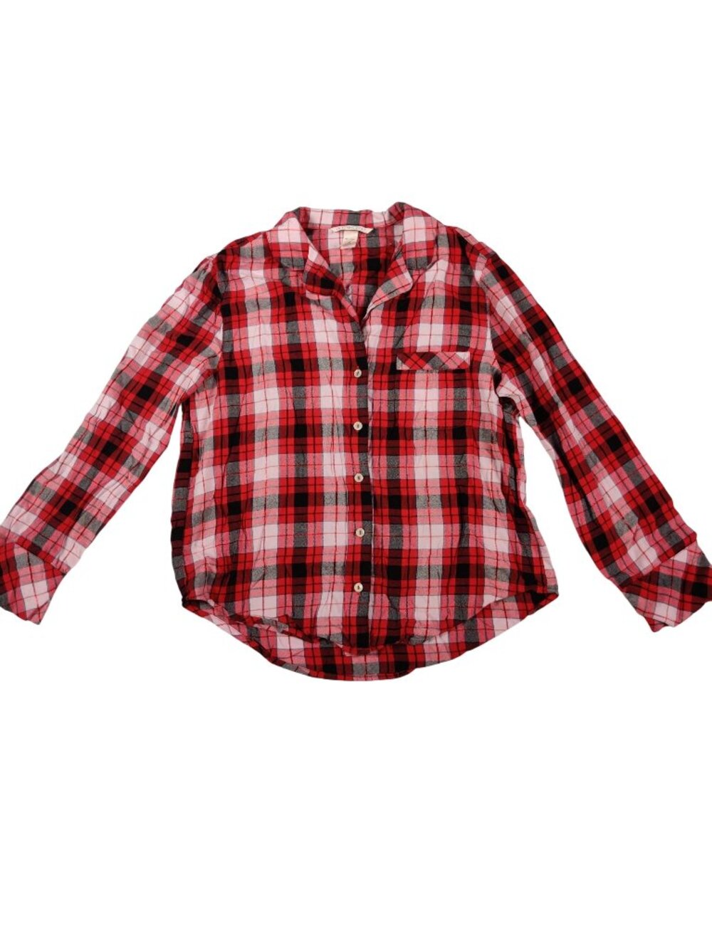 Victorias Secret Pajama Shirt Size S Red Plaid Flannel  Metallic Holiday Lounge
